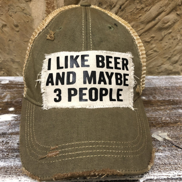 I Like Beer and Maybe 3 People hat by BohoGroove with black lettering on a distressed off-white custom patch on an olive vintage distressed snapback.