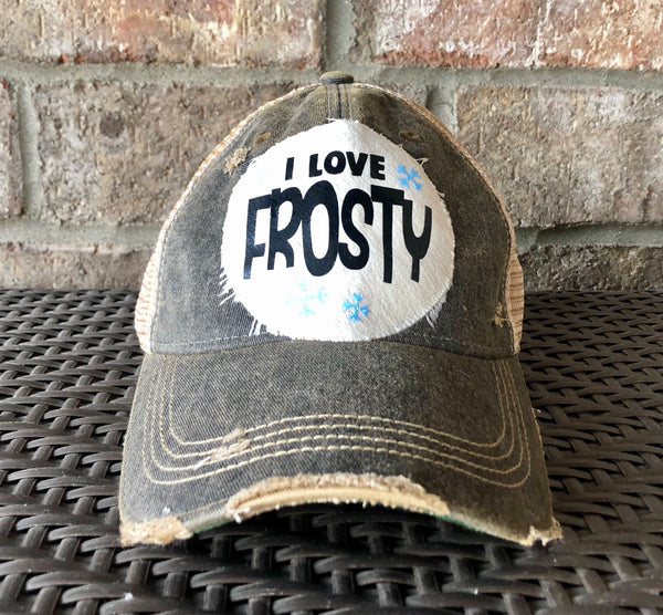 I Love Frosty hat by BohoGroove with black lettering and blue snowflake graphics on a distressed off-white custom patch on a black vintage distressed snapback.