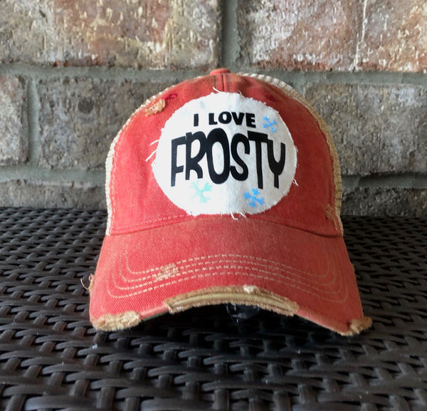 I Love Frosty hat by BohoGroove with black lettering and blue snowflake graphics on a distressed off-white custom patch on a red vintage distressed snapback.