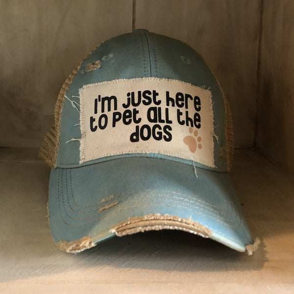 I'm Just Here to Pet All the Dogs hat by BohoGroove with black I'm Just Here to Pet All the Dogs lettering and paw print graphic on a distressed off-white patch on a light blue vintage distressed snapback.