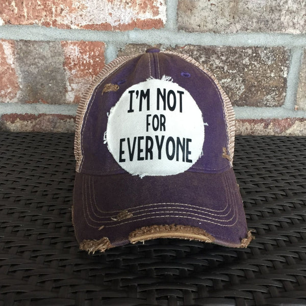 Im Not For Everyone hat by BohoGroove with black lettering on distressed off-white patch on purple vintage distressed snapback.