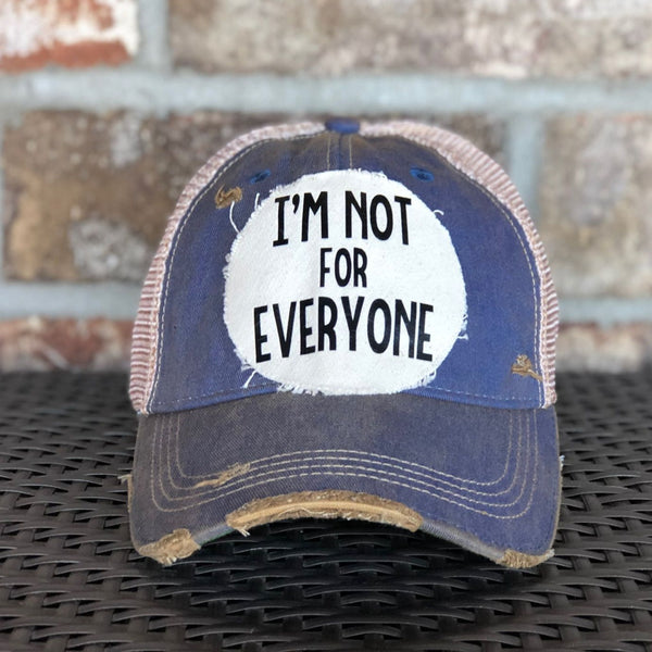 Im Not For Everyone hat by BohoGroove with black lettering on distressed off-white patch on royal blue vintage distressed snapback.