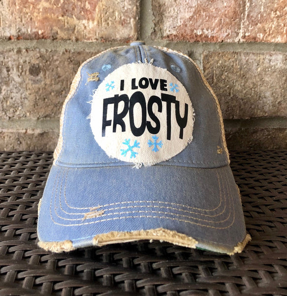 I love Frosty Hat, Snowman Cap, Christmas Hat, Holiday Cap, Winter Hat