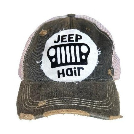 Jeep Hair hat by BohoGroove with black Jeep Hair lettering and Jeep grille graphic on a distressed off-white patch on a black vintage distressed snapback.