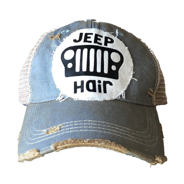 Jeep Hair hat by BohoGroove with black Jeep Hair lettering and Jeep grille graphic on a distressed off-white patch on a light blue vintage distressed snapback.