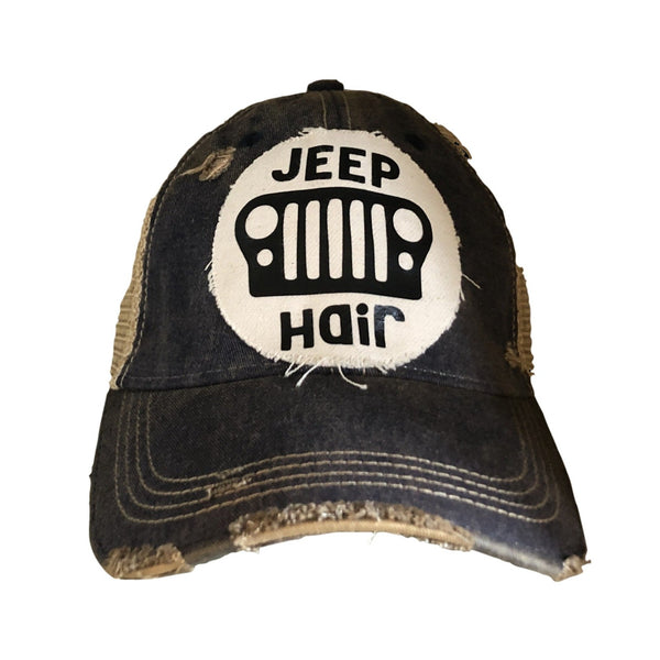 Jeep Hair hat by BohoGroove with black Jeep Hair lettering and Jeep grille graphic on a distressed off-white patch on a navy vintage distressed snapback.