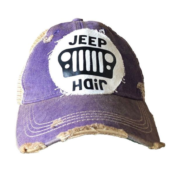 Jeep Hair hat by BohoGroove with black Jeep Hair lettering and Jeep grille graphic on a distressed off-white patch on a purple vintage distressed snapback.