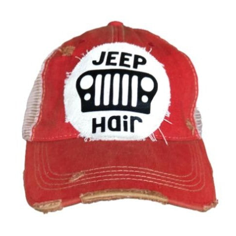 Jeep Hair hat by BohoGroove with black Jeep Hair lettering and Jeep grille graphic on a distressed off-white patch on a red vintage distressed snapback.