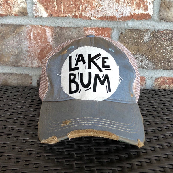 Lake Squad hat by BohoGroove with black Lake Squad lettering on distressed off-white patch on a light blue vintage distressed snapback.