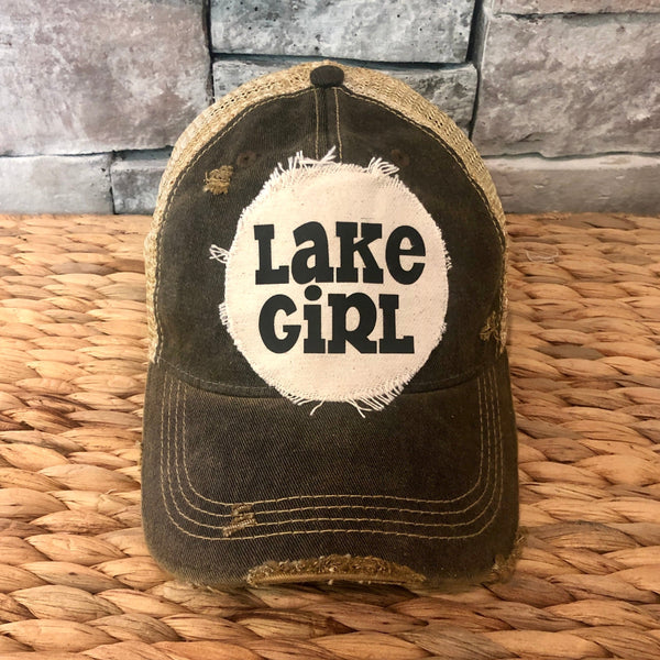 Lake Girl hat by BohoGroove with black Lake Girl lettering on distressed off-white patch on a black vintage distressed snapback.