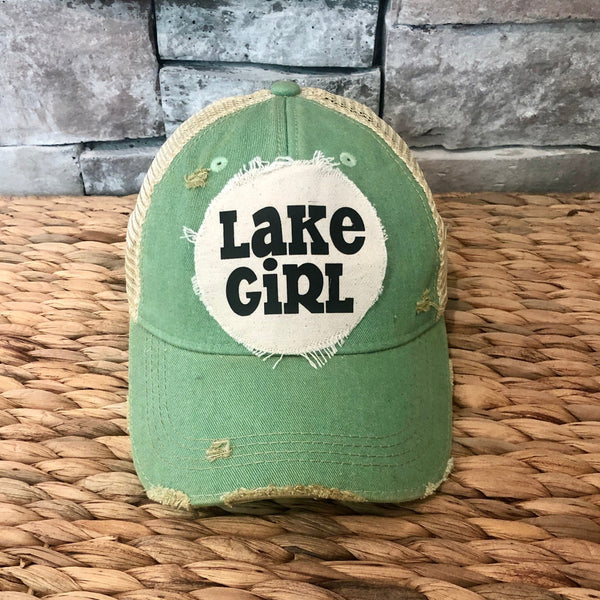 Lake Girl hat by BohoGroove with black Lake Girl lettering on distressed off-white patch on a mint green vintage distressed snapback.