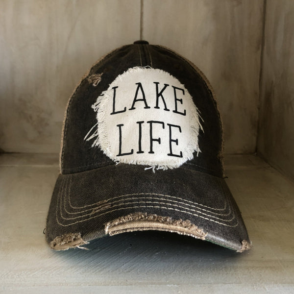 Lake Life hat by BohoGroove with black Lake Life lettering on distressed off-white patch on a black vintage distressed snapback.