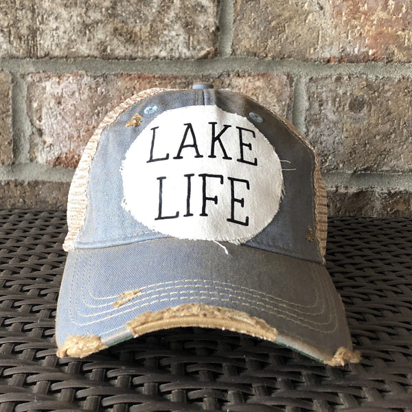 Lake Life hat by BohoGroove with black Lake Life lettering on distressed off-white patch on a light blue vintage distressed snapback.