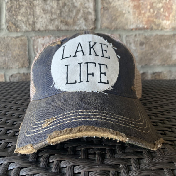 Lake Life hat by BohoGroove with black Lake Life lettering on distressed off-white patch on a navy blue vintage distressed snapback.