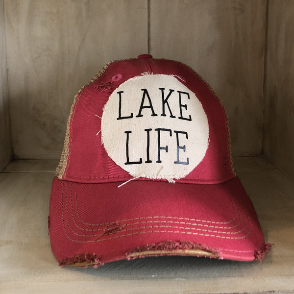 Lake Life hat by BohoGroove with black Lake Life lettering on distressed off-white patch on a pink vintage distressed snapback.
