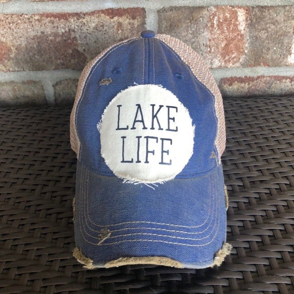 Lake Life hat by BohoGroove with black Lake Life lettering on distressed off-white patch on a royal blue vintage distressed snapback.