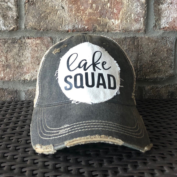 Lake Squad hat by BohoGroove with black Lake Squad lettering on distressed off-white patch on a black vintage distressed snapback.