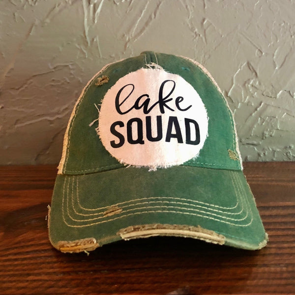 Lake Squad hat by BohoGroove with black Lake Squad lettering on distressed off-white patch on a green vintage distressed snapback.