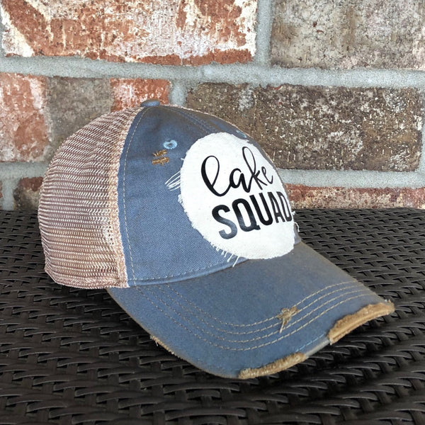 Lake Squad hat by BohoGroove with black Lake Squad lettering on distressed off-white patch on a light blue vintage distressed snapback.