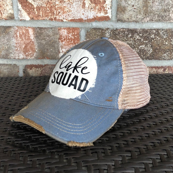 Lake Squad hat by BohoGroove with black Lake Squad lettering on distressed off-white patch on a light blue vintage distressed snapback right side 