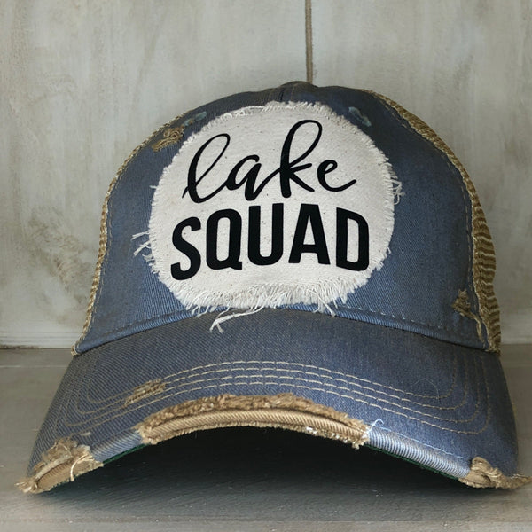 Lake Squad hat by BohoGroove with black Lake Squad lettering on distressed off-white patch on a light blue vintage distressed snapback.