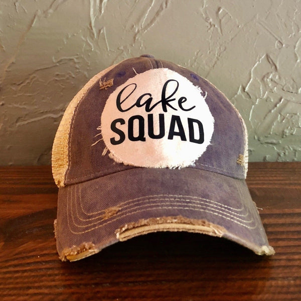 Lake Squad hat by BohoGroove with black Lake Squad lettering on distressed off-white patch on a purple vintage distressed snapback.