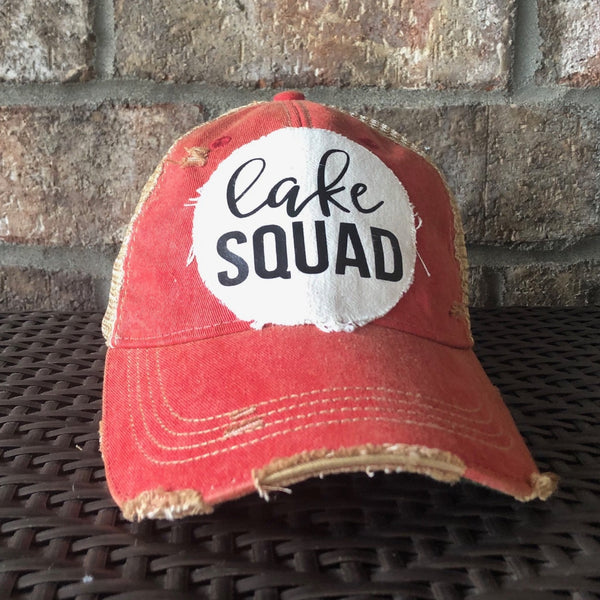 Lake Squad hat by BohoGroove with black Lake Squad lettering on distressed off-white patch on a red vintage distressed snapback.