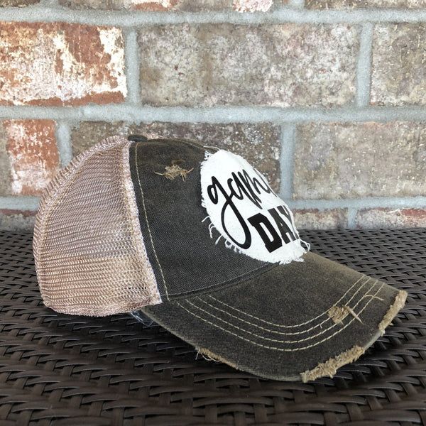 Game Day sports hat by BohoGroove with black Game Day lettering on distressed off-white patch on black vintage distressed snapback.