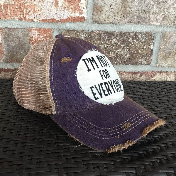 Im Not For Everyone hat by BohoGroove with black lettering on distressed off-white patch on purple vintage distressed snapback.