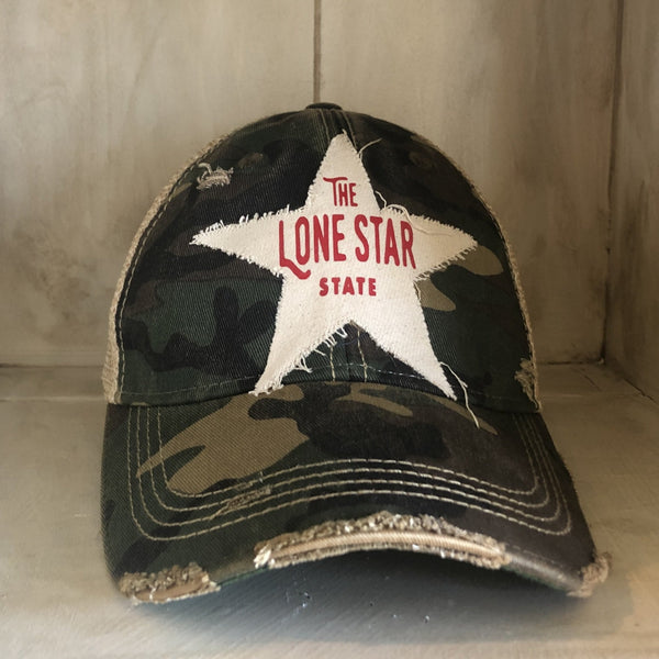 Lone Star State hat by BohoGroove with red Lone Star State lettering on white star-shaped patch and camo vintage distressed snapback