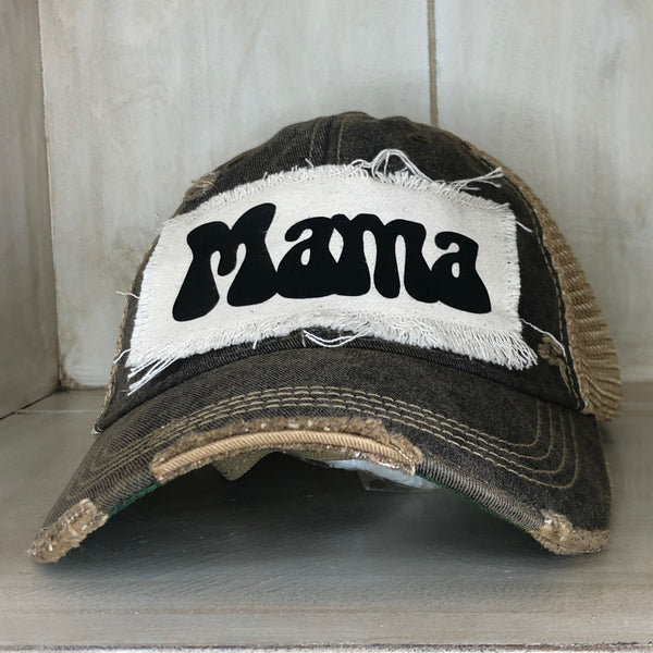 Mama Hat by BohoGroove with oversized black retro-style Mama lettering on distressed off-white patch on a black vintage distressed snapback