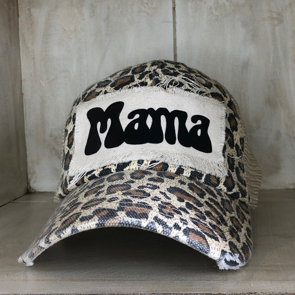 Mama Hat by BohoGroove with oversized black retro-style Mama lettering on distressed off-white patch on a leopard vintage distressed snapback