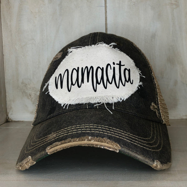 Mamacita hat by BohoGroove with black Mamacita lettering on distressed off-white patch on a black vintage distressed snapback.