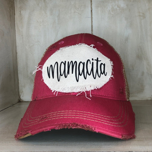Mamacita hat by BohoGroove with black Mamacita lettering on distressed off-white patch on a pink vintage distressed snapback.