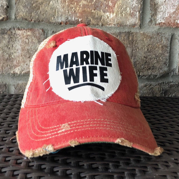 Marine Wife hat by BohoGroove with black Marine Wife lettering on a distressed off-white patch on a red vintage distressed snapback.