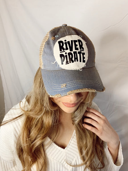 Model wearing BohoGroove light blue River Pirate hat