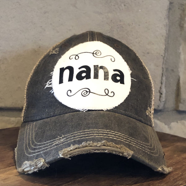 Nana hat by BohoGroove with black Nana lettering on distressed off-white patch on a black vintage distressed snapback.