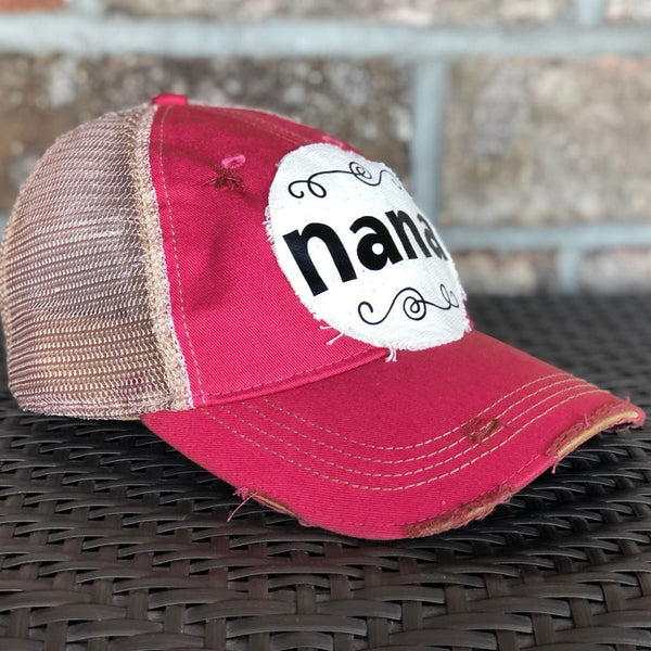 Nana hat by BohoGroove with black Nana lettering on distressed off-white patch on a pink vintage distressed snapback left side
