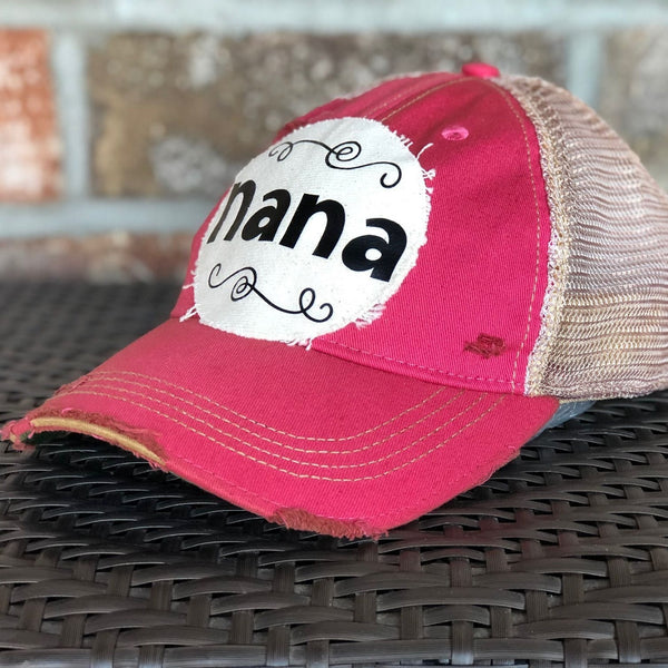 Nana hat by BohoGroove with black Nana lettering on distressed off-white patch on a pink vintage distressed snapback right side