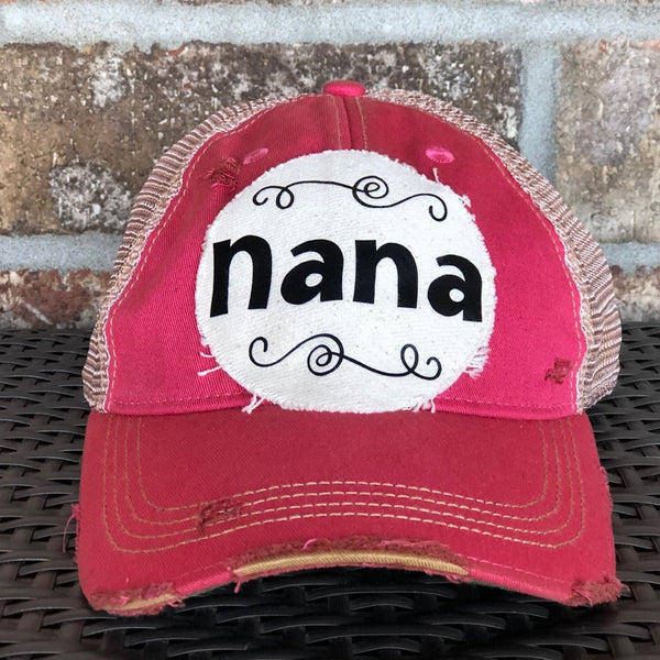 Nana hat by BohoGroove with black Nana lettering on distressed off-white patch on a pink vintage distressed snapback.