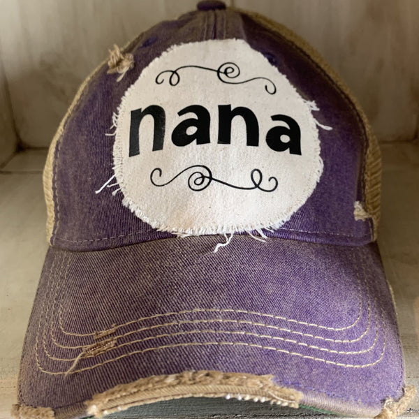 Nana hat by BohoGroove with black Nana lettering on distressed off-white patch on a purple vintage distressed snapback.