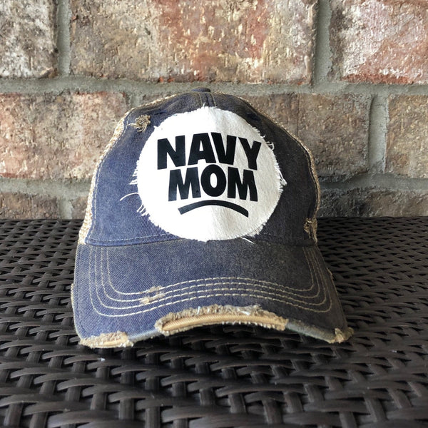 Navy Mom hat by BohoGroove with black Navy Mom lettering on a distressed off-white patch on a navy blue vintage distressed snapback.