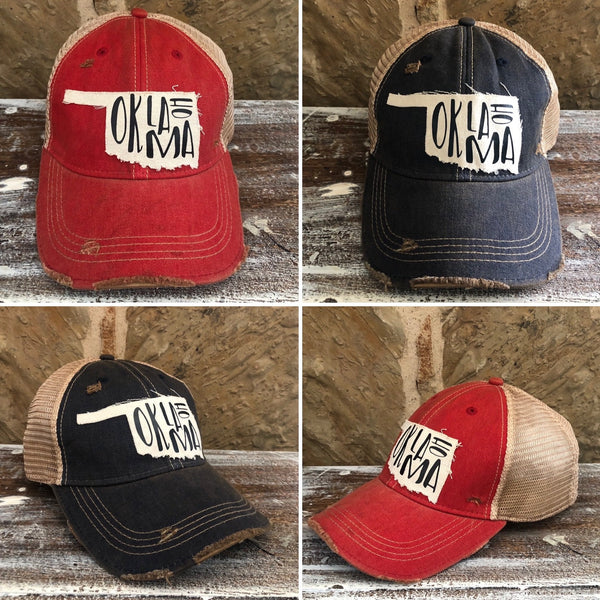 BohoGroove Oklahoma hat collage featuring red and navy vintage distressed snapback hats with black Oklahoma lettering on distressed off-white state-shaped patches shown from front and side views.