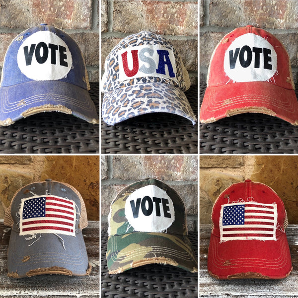 Assorted patriotic BohoGroove hats featuring Vote, USA, and American flag patches on vintage distressed snapback hat