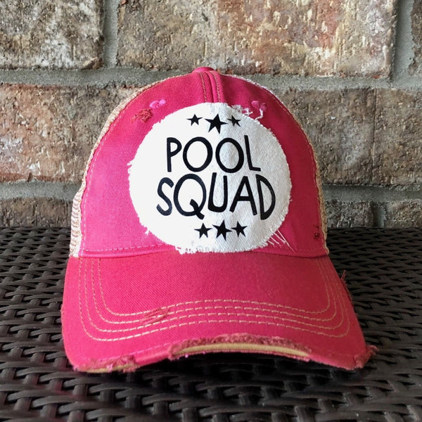 Pool Squad hat by BohoGroove featuring distressed off-white patch with Pool Squad lettering and black stars on pink vintage distressed snapback