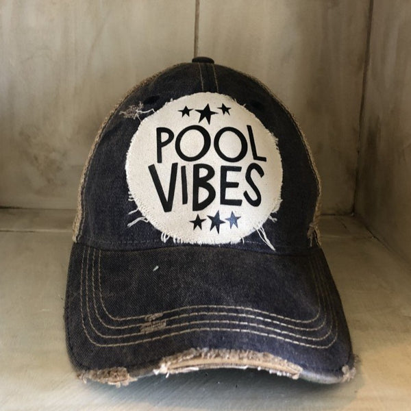 Pool Vibes hat by BohoGroove featuring distressed off-white patch with Pool Vibes lettering and black stars on navy vintage distressed snapback