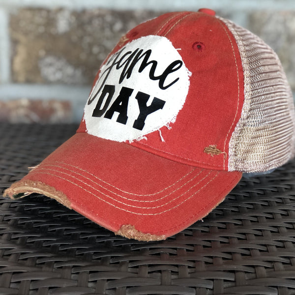 Game Day sports hat by BohoGroove with black Game Day lettering on distressed off-white patch on red vintage distressed snapback.