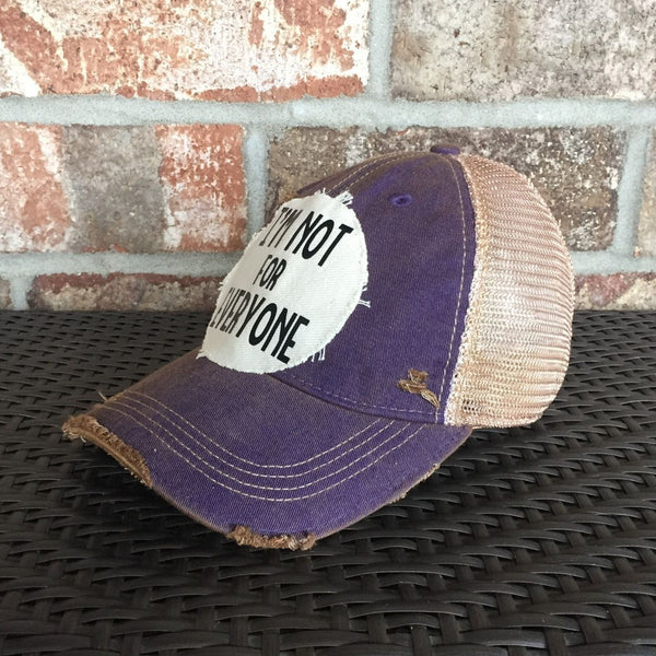 Im Not For Everyone hat by BohoGroove with black lettering on distressed off-white patch on purple vintage distressed snapback.
