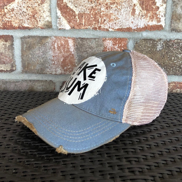 Lake Squad hat by BohoGroove with black Lake Squad lettering on distressed off-white patch on a light blue vintage distressed snapback right side.