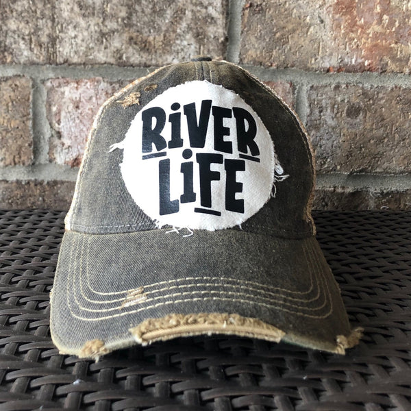 River Life hat by BohoGroove featuring distressed off-white patch with River Life lettering on a black vintage distressed snapback
